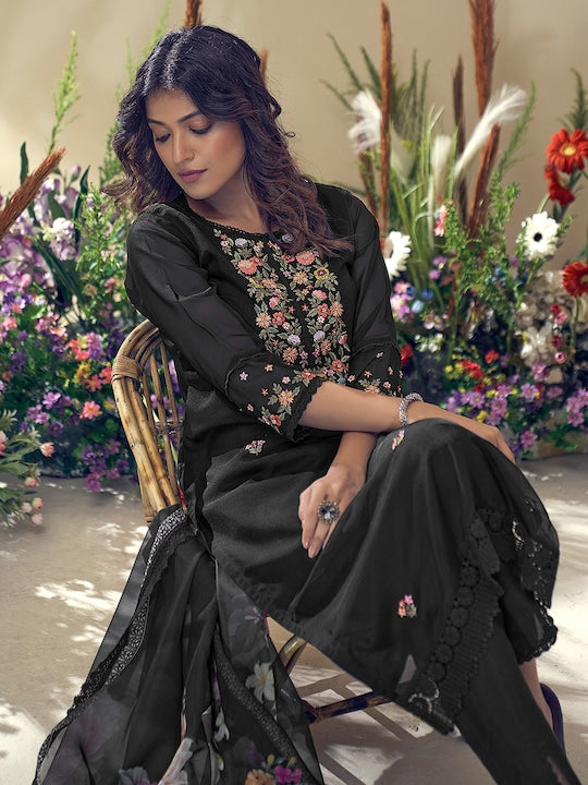 Floral Embroidered Regular Thread Work Kurta With Trousers & Dupatta