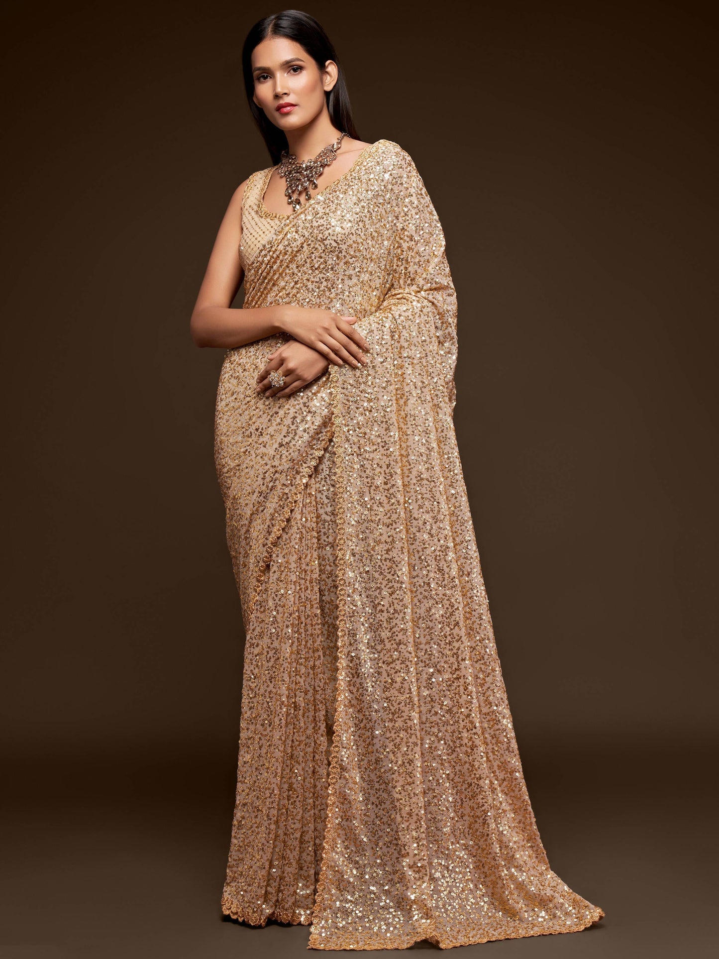 Ivory Fully Sequined Georgette Party Wear Saree