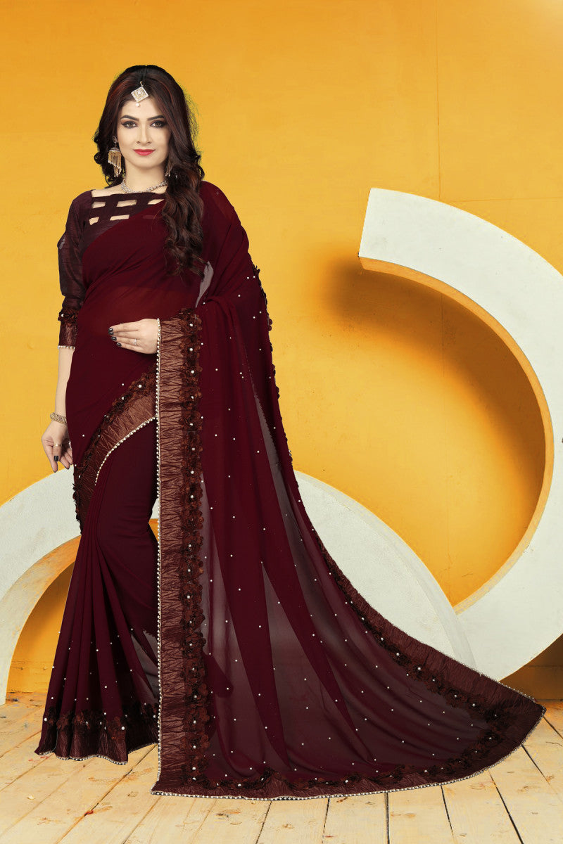 Women's Ribbin Floral Patti Work With Moti Brown Weight Less Saree