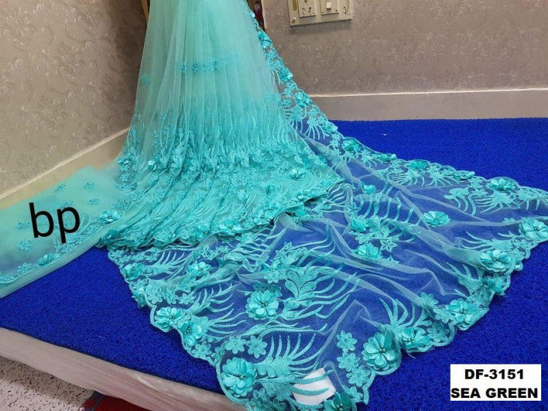 Presenting Precious Sea Green Color Heavy Trendy Applique Flower Saree