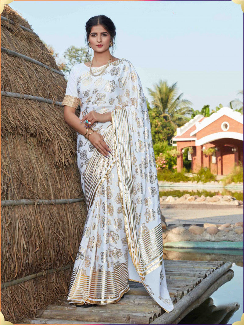 Attractive White Color Silk Foil Printed Saree