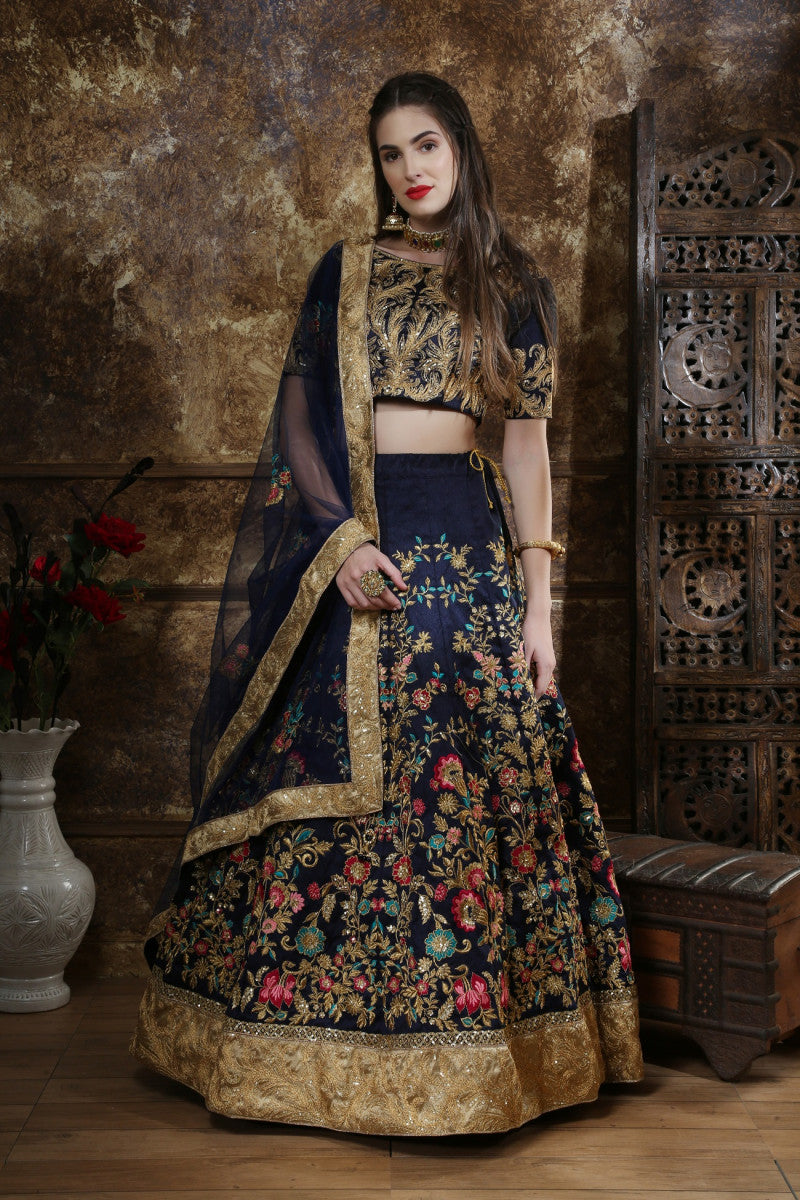 Extra Ordinary Thai Silk Navy Blue Color Bridal Lehenga Choli