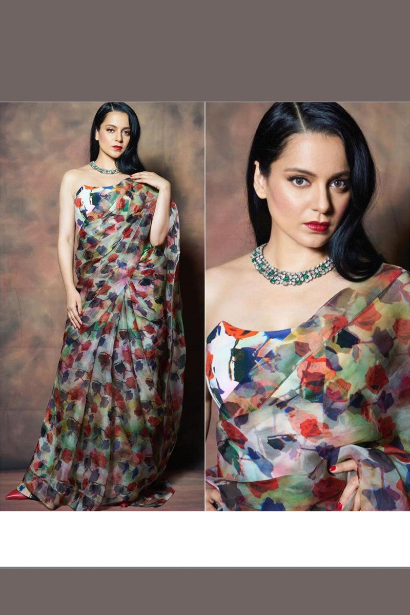 kangana Ranaut Printed Multi Boolywood Organza Silk Saree