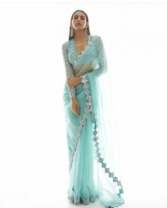 Luxuriant Foil Mirror Cut Work Lace Border Sky Color Saree