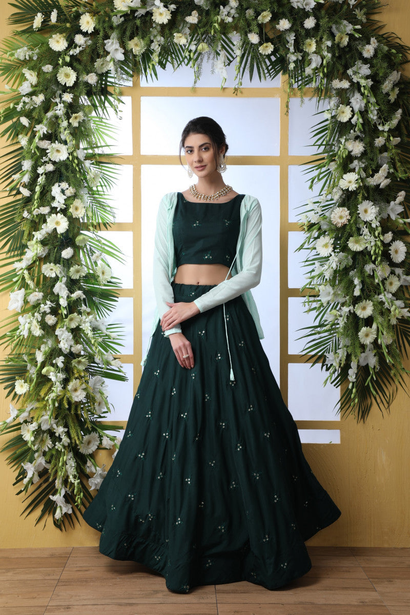 Beautiful Dark Green Maslin Cotton Lehenga With Koti