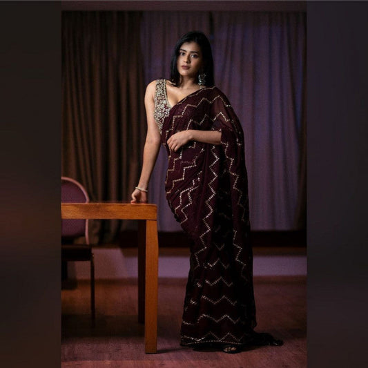 Brown Color Sequence Work Wedding Wear Saree