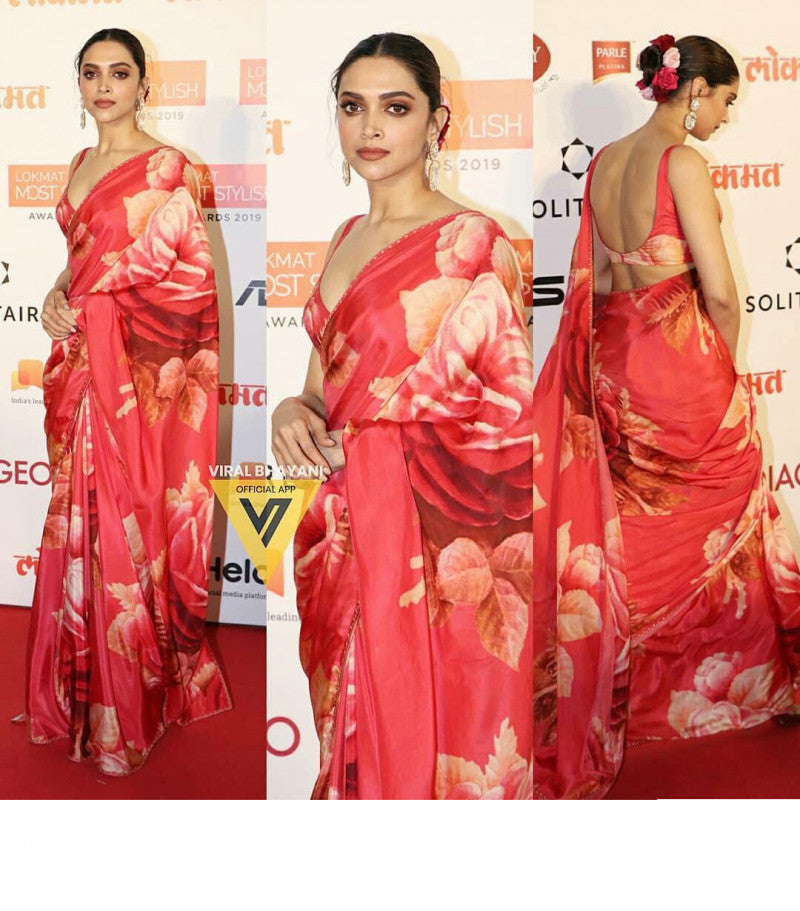 Extra Ordinary Actress Deepika Wearing Red Color Printed Saree