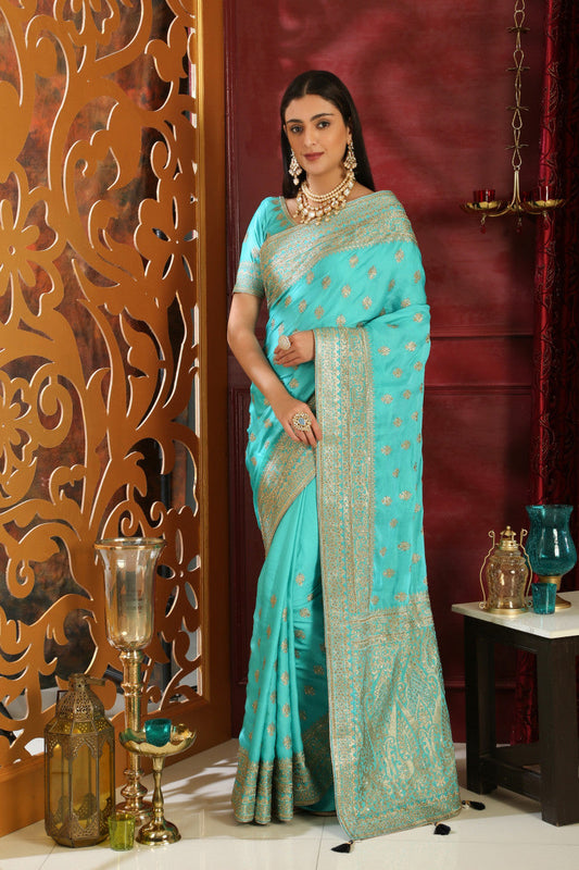 ???????Extra Ordinary Turquoise Color Silk Full Trendy Work Wedding Saree