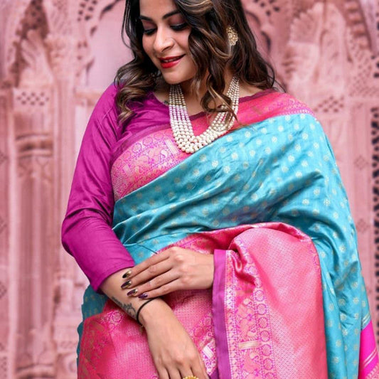 Beautiful Soft lichi Silk Sky Blue Jaquard Wedding Saree