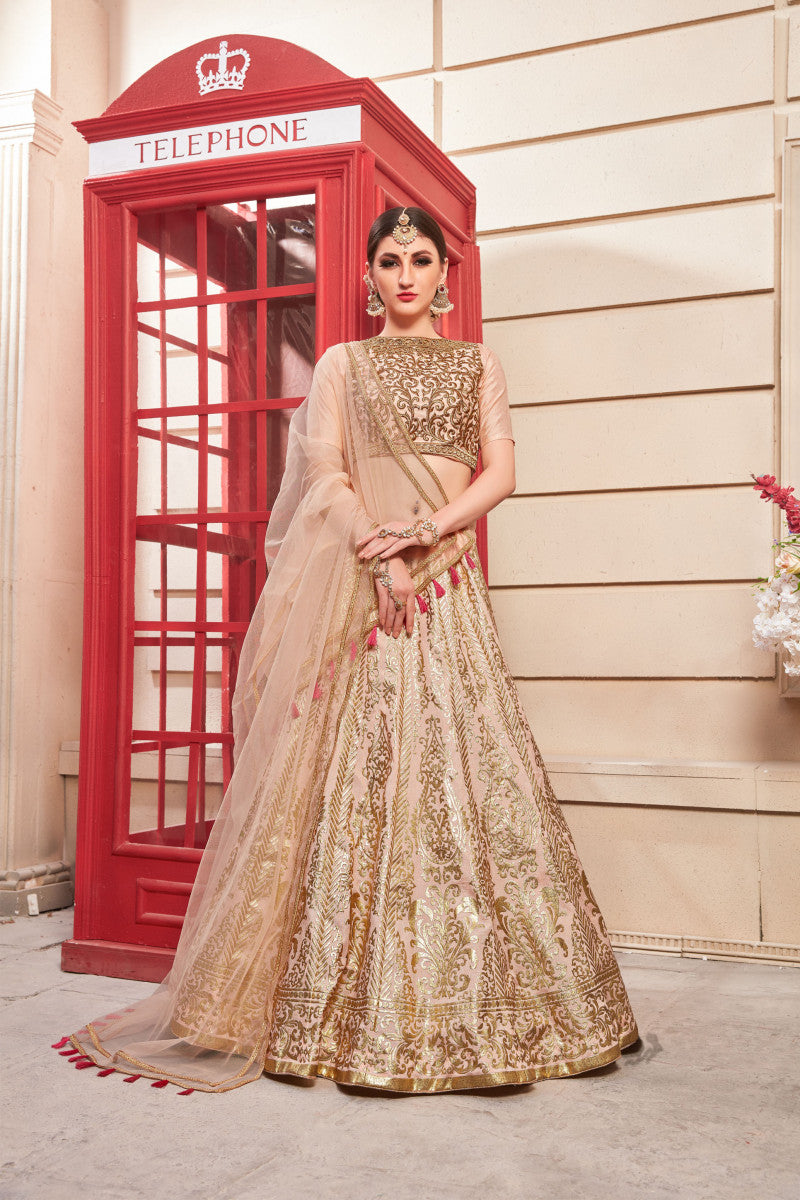 Wonderful Salmon Pink Color Thai Silk Reception Wear Lehenga Choli