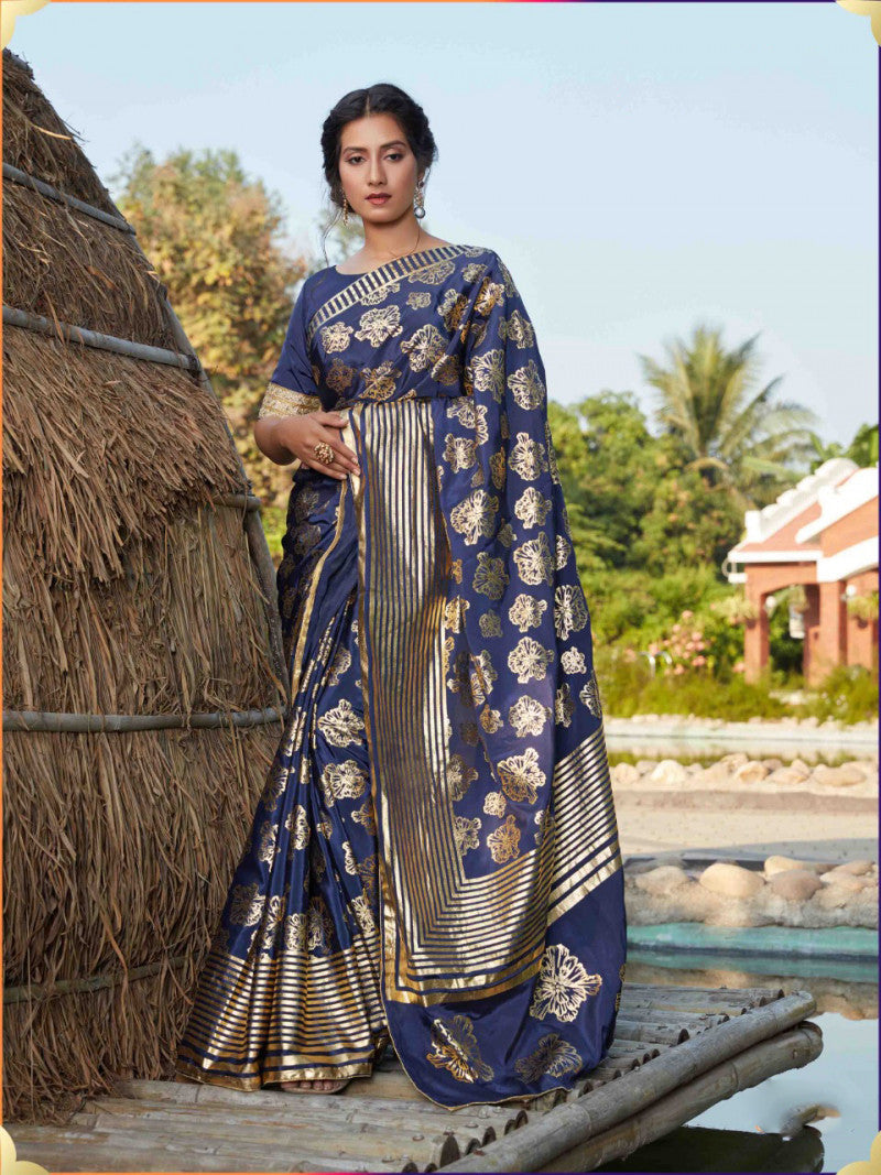 Beautiful Navy Blue Color Silk Foil Printed Saree