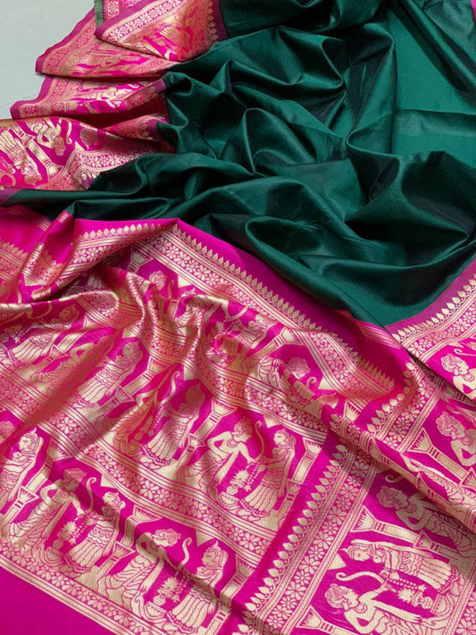 Extra Ordinary Green & Pink Color Rich Pallu & Heavy Design Work Saree