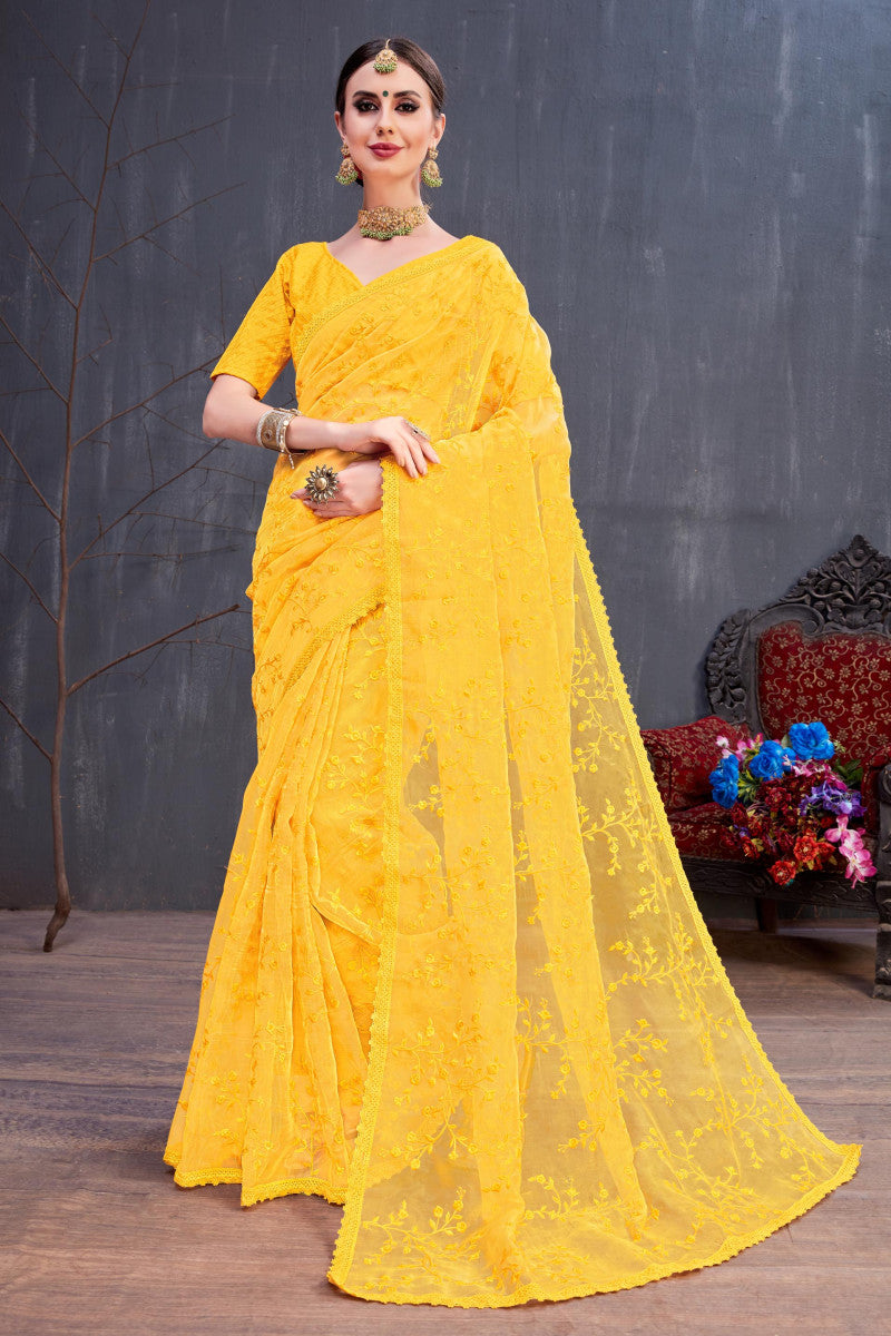 Women's? Yellow Color Organza Resham Trendy Work Wedding Saree