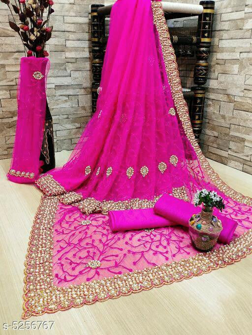 Luxuriant Pink Color Heavy Trendy And Jari Work Net Saree