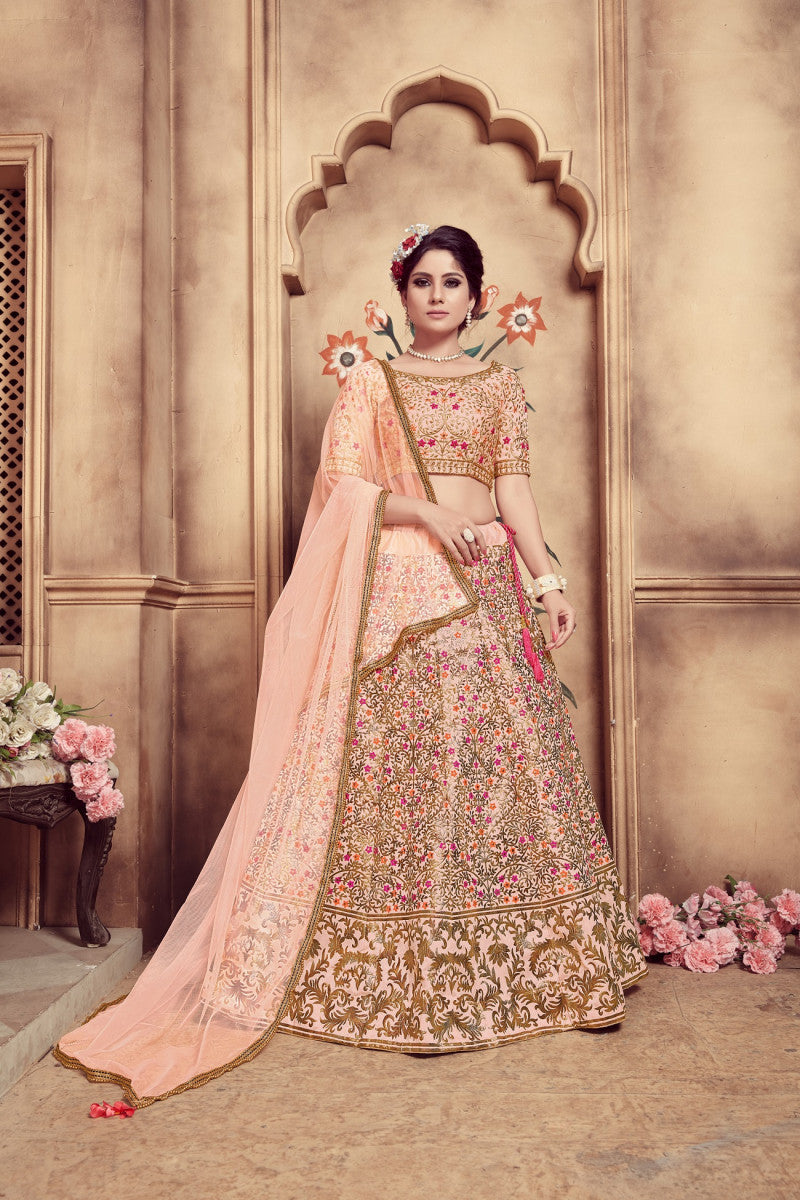 Fabulous Peach Color Silk Wedding Lehenga Choli