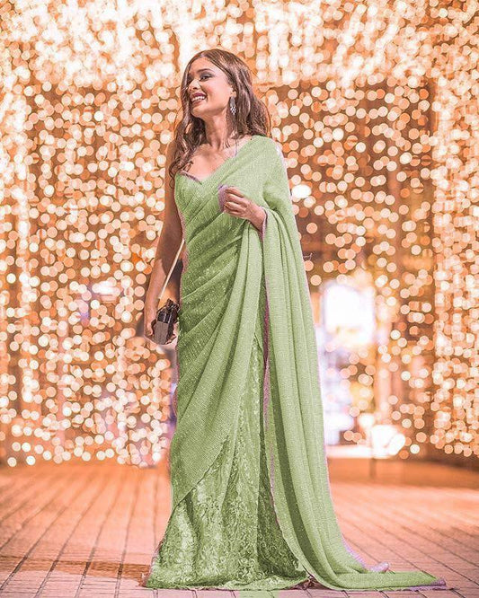 Online Sequence With Trendy Work Green Saree