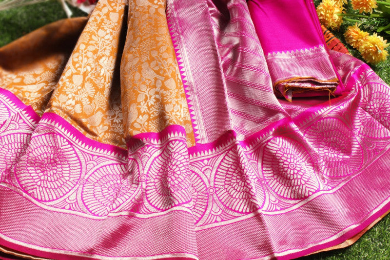 Yellow And Pink Color Silk Heavy Design Work Online Saree