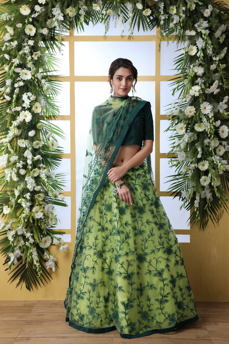 Adorable Green Net Emboidered Wedding Wear Lehenga Choli With Dupatta