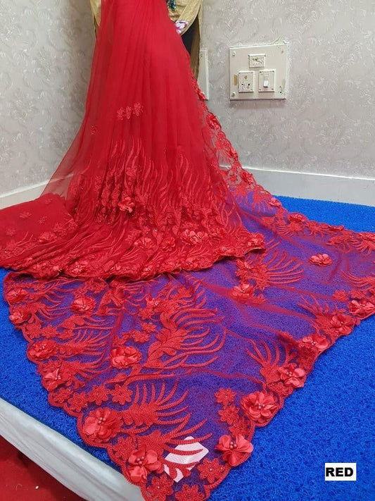 Fabulous Red Color Heavy Trendy Applique Flower Saree