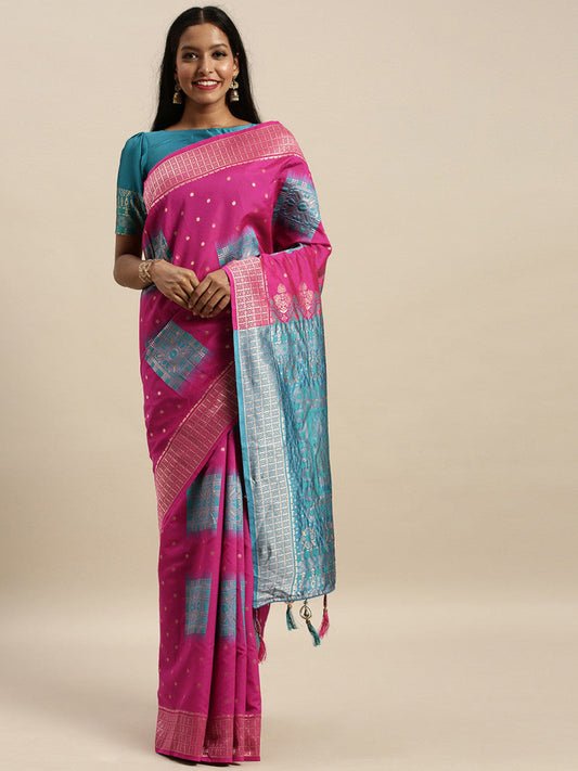 Precious Festive Pink And Blue Color Banarasi Silk Saree