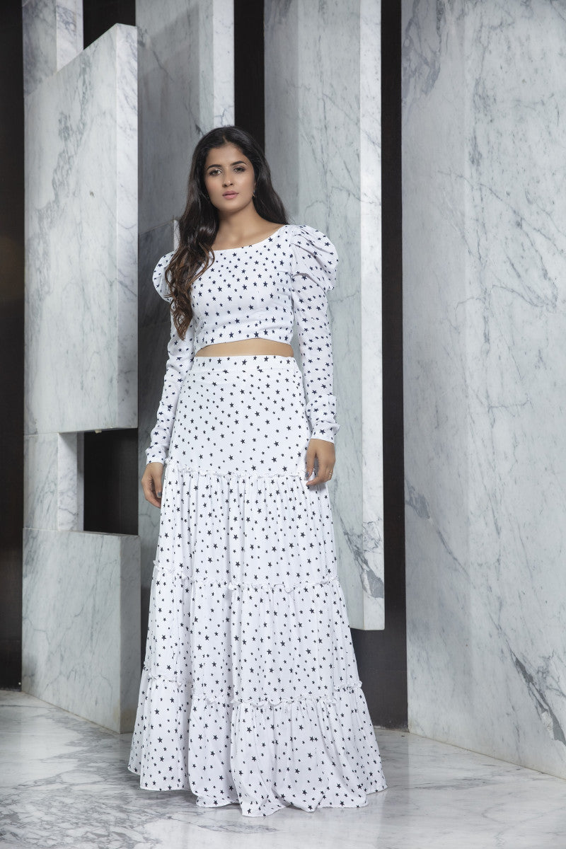 Crop Top White Color Crepe Printed Online Lehenga