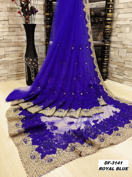 Classy Glimmering Blue Color Heavy Trendy Net Saree