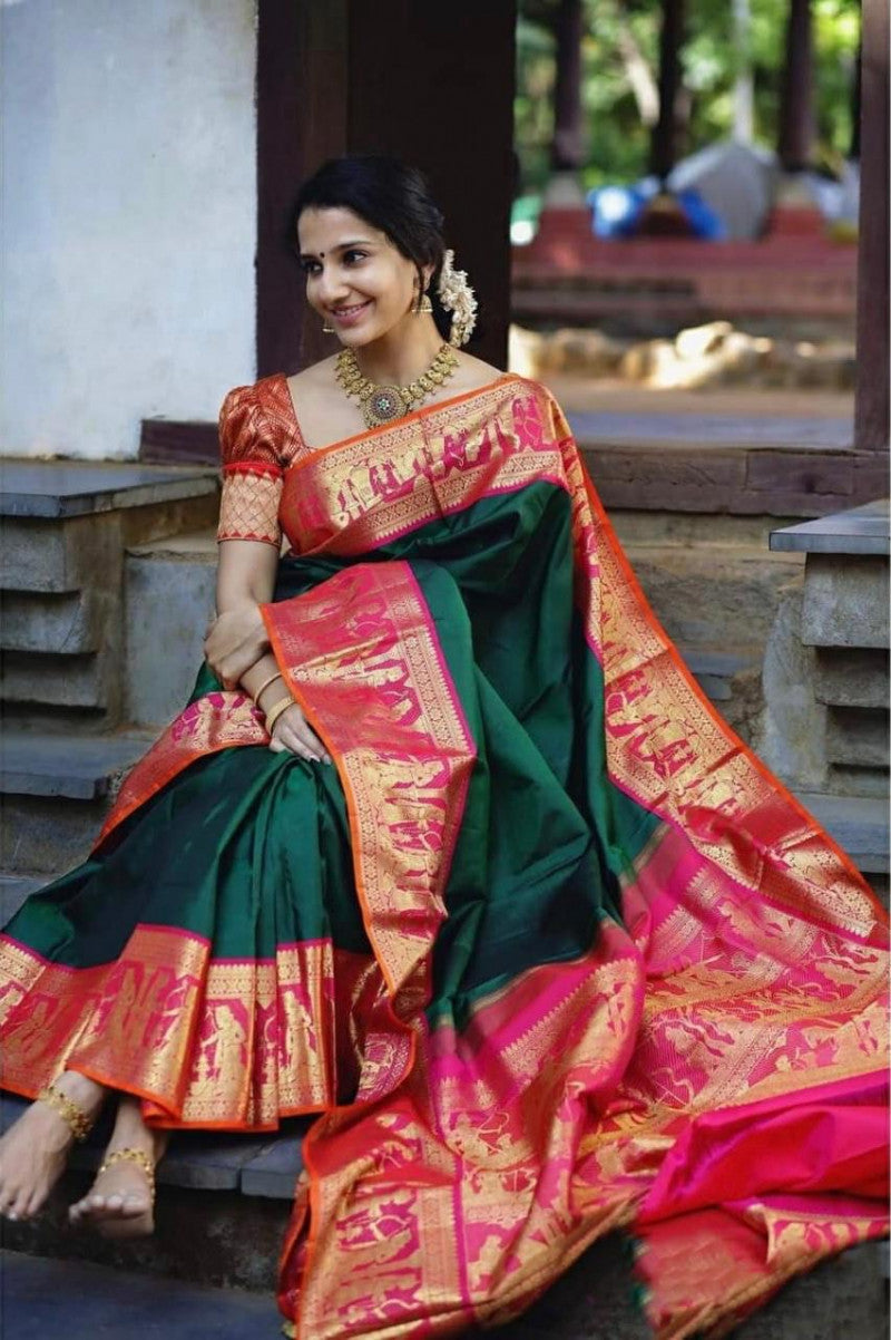 Precious Festive Green & Red Color Rich Pallu & Heavy Design Work Saree