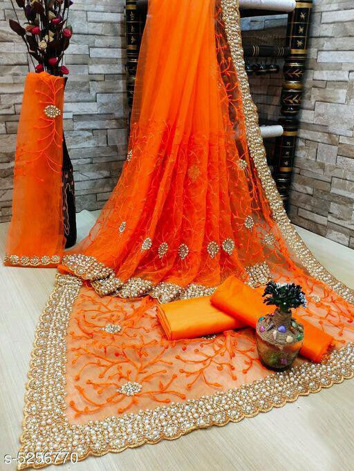 Fabulous Orange Color Heavy Trendy And Jari Work Net Saree