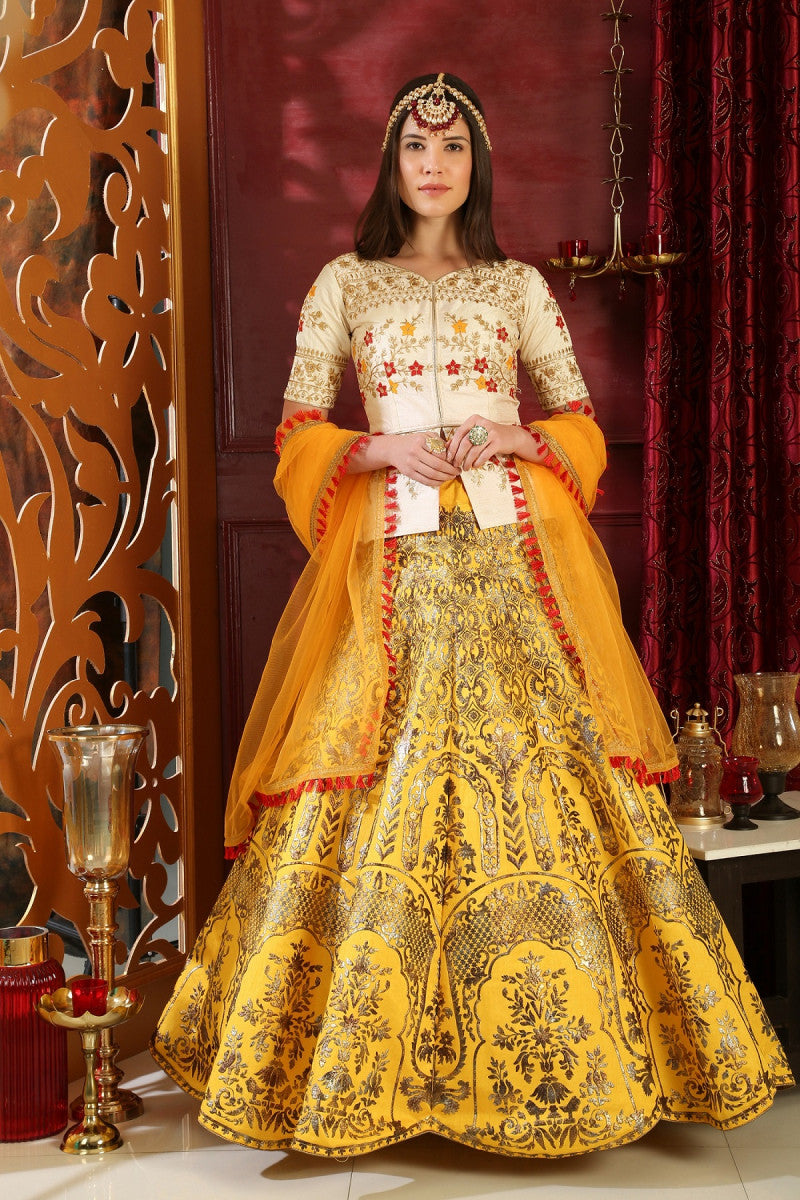 Excellent White And Yellow Silk?Metalic Foil Work Lehenga Choli