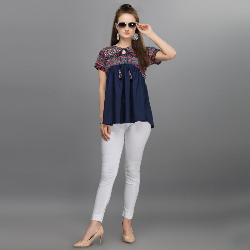 Fabulous Navy Blue & Red Ethnic A-Line Top