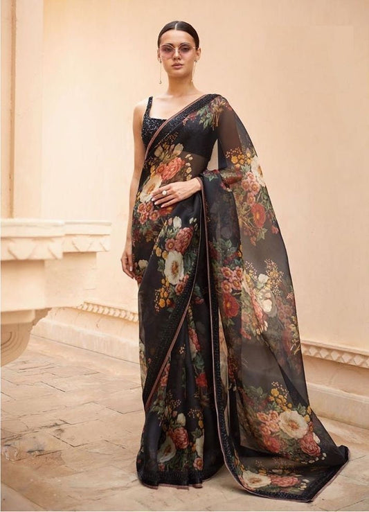 Black Organza Printed Sequence Online Saree