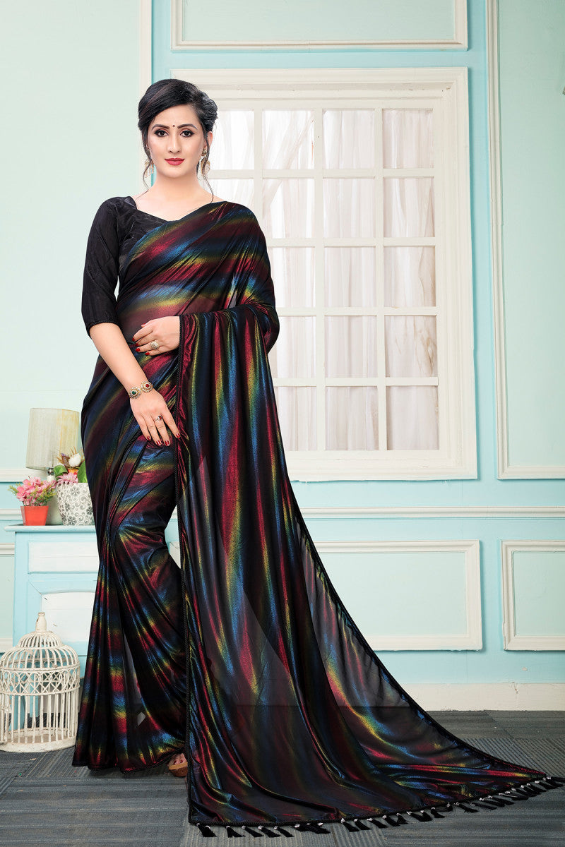 Stunning Black Color Lycra Floral Printed Saree