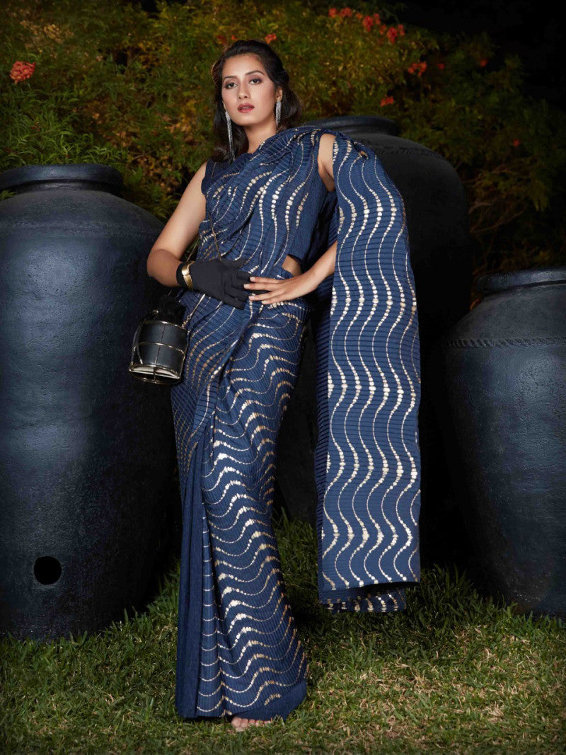 Most Beautiful Navy Blue Silk Wedding Wear Saree