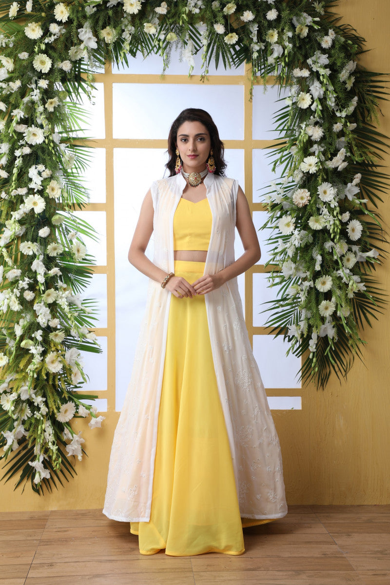 Online Yellow Weight Less Lehenga With White Koti