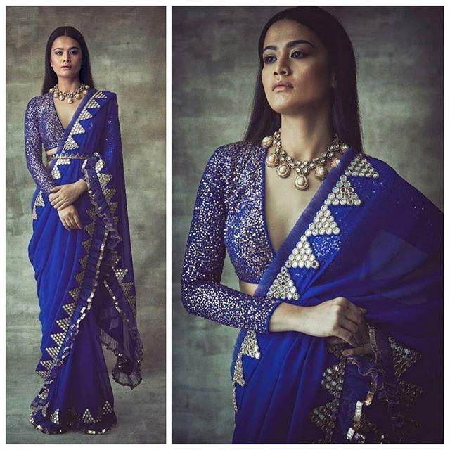 Classic Blue Sequence Trendy Work With Ruffle Lace Saree