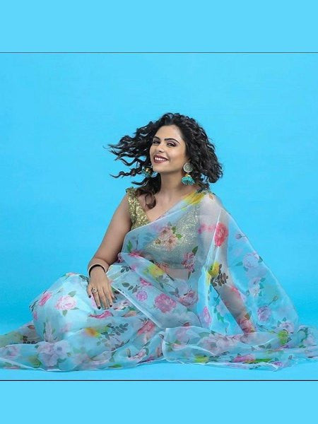 Festive Wear Sky Blue Organaza Floral Printed Saree