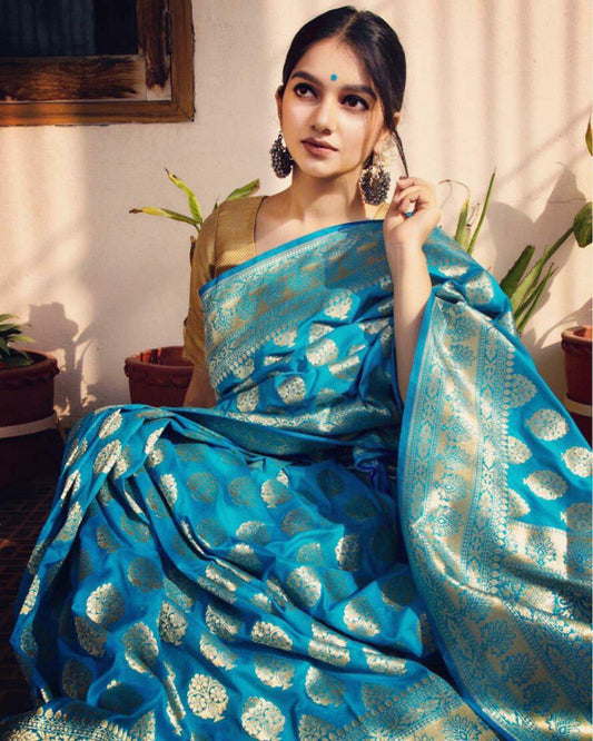 Beautiful Heavy Design Soft Lichi Silk Sky Blue Saree