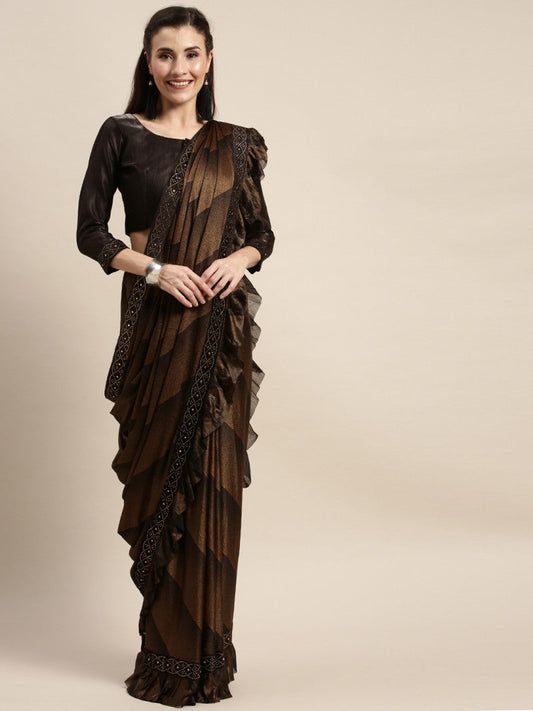 Precious Festive Brown Color Foil Print Online Saree