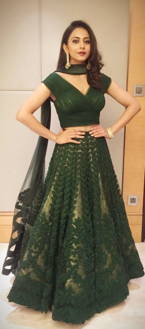 Bollywood Collection Rakul Preet  Green Chain Stitched Work lehenga Choli