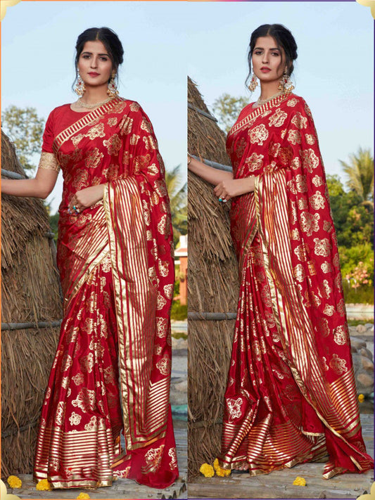 Beautiful Red Color Silk Foil Printed Wedding Saree