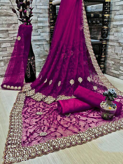 Dreamy Purple Color Heavy Trendy And Jari Work Net Saree