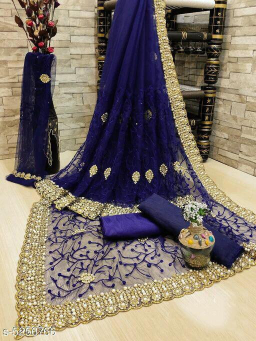 Fabulous Navy Blue Color Heavy Trendy And Jari Work Net Saree