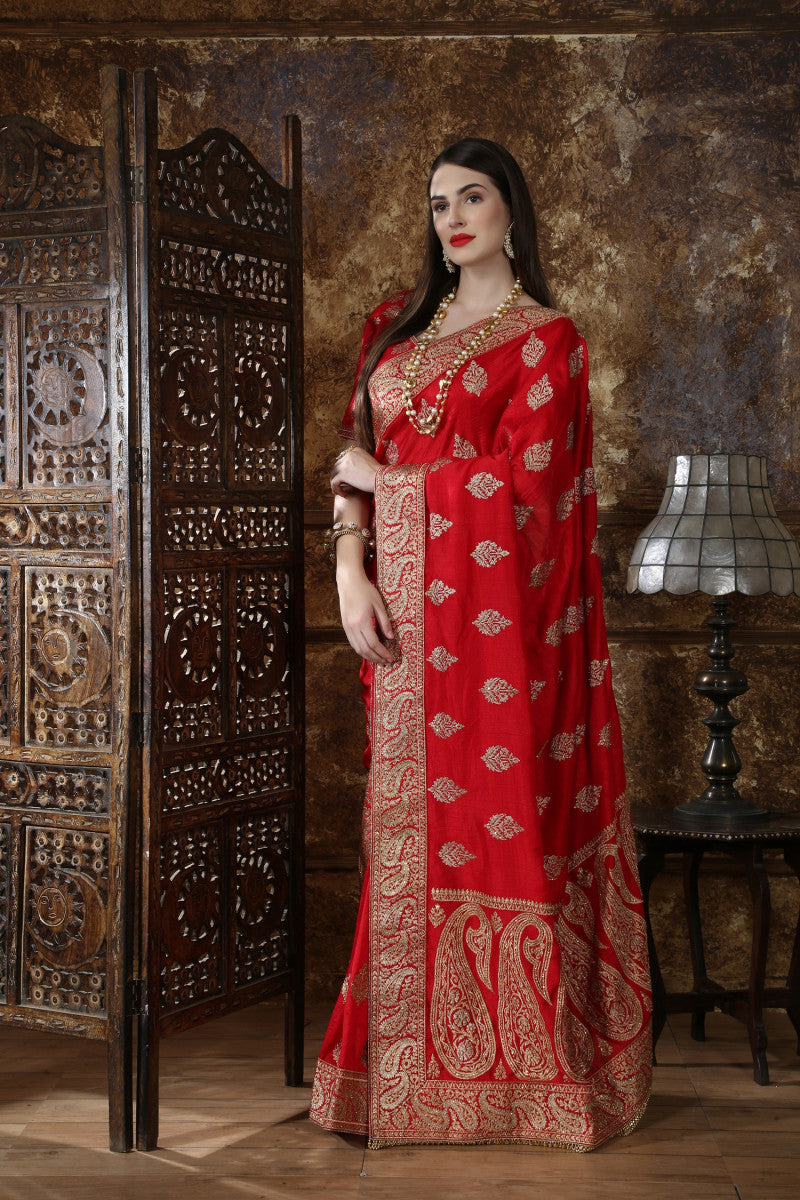 Adorable Red Color Silk Full Embroidery And Stone Work Extra Ordinary Saree