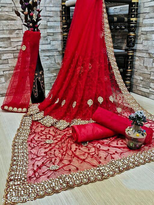 Extra Ordinary Chilli Red Color Heavy Trendy And Jari Work Net Saree