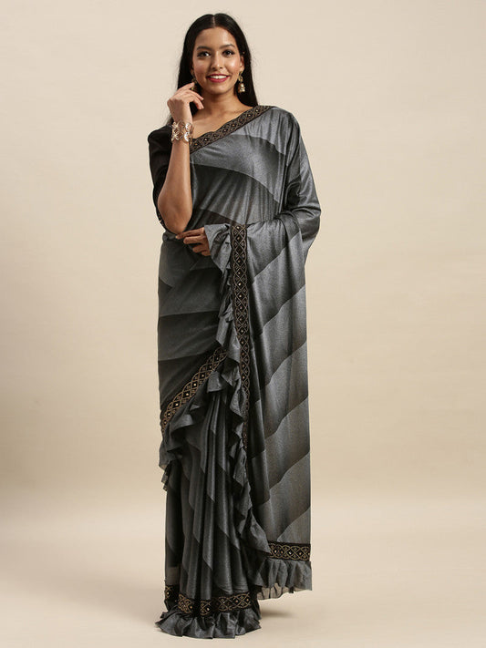 Precious Trending Grey Color Foil Print Online Saree