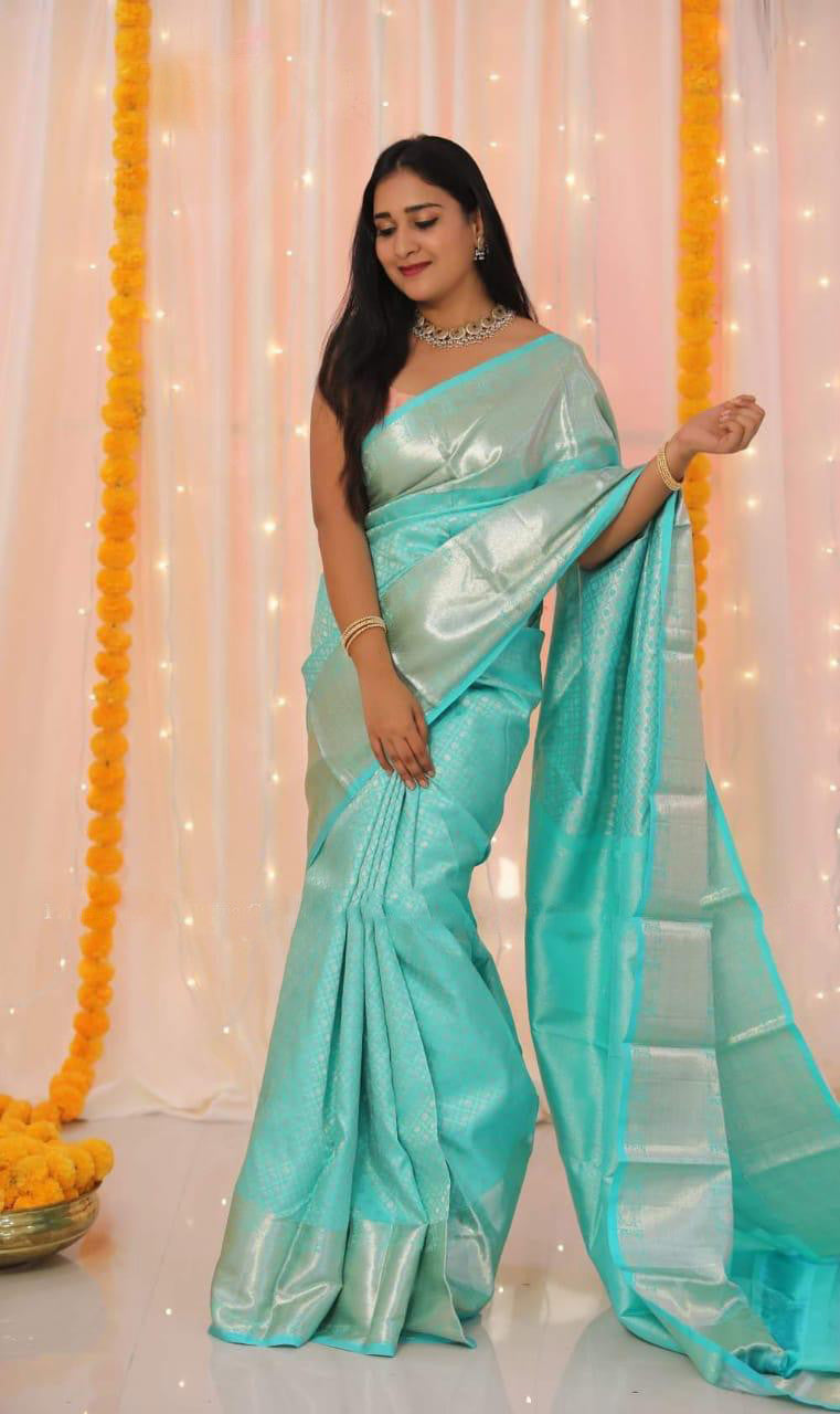 Jaquard Work Sky Blue Color Banarasi Lichi Silk Saree