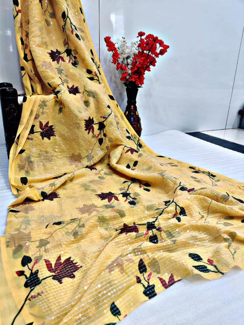 Online Heavy Weight Less Yellow Sequin Work Saree