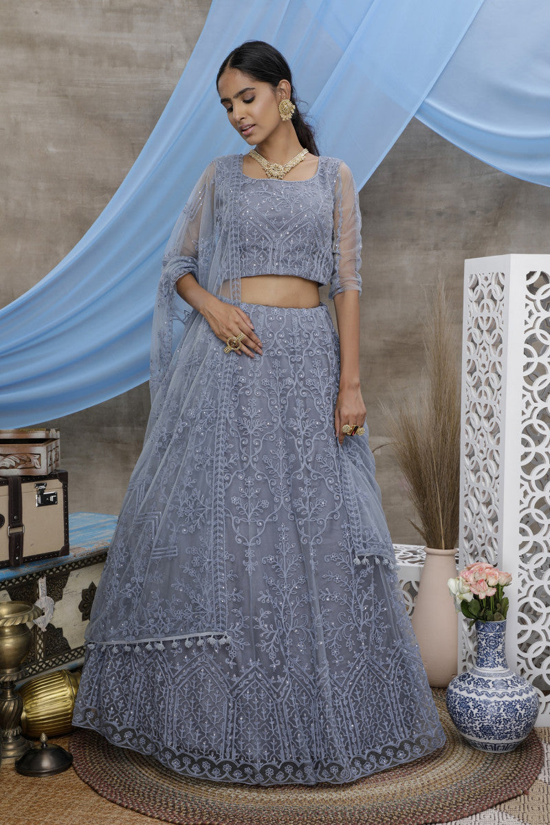 Attraction Grey Color Net Embroidery Online Lehenga Choli