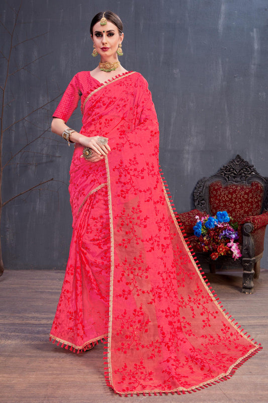 Beautiful Red Color Organza ReshamTrendy Work Wedding Saree