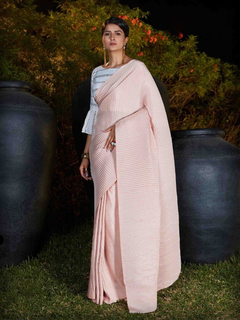 Precious Trending Baby Pink Silk Plitting Work Extra Ordinary Saree